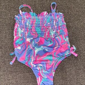 Penelope Mack Pink and Blue Swirl Kids Swim One Piece